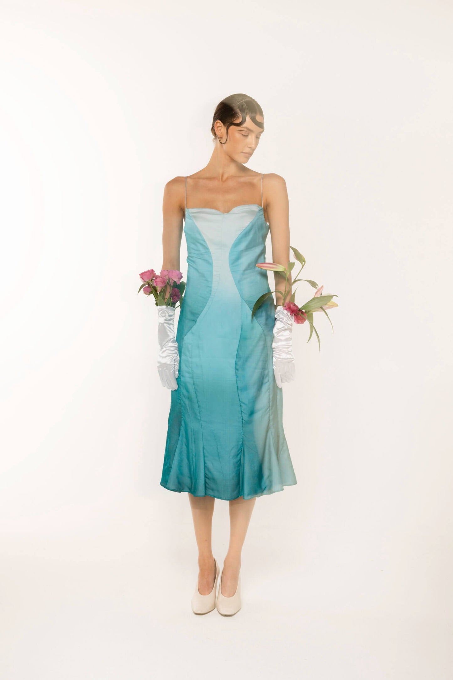 Midi Length Rose Silk-Chiffon Dress, Blue