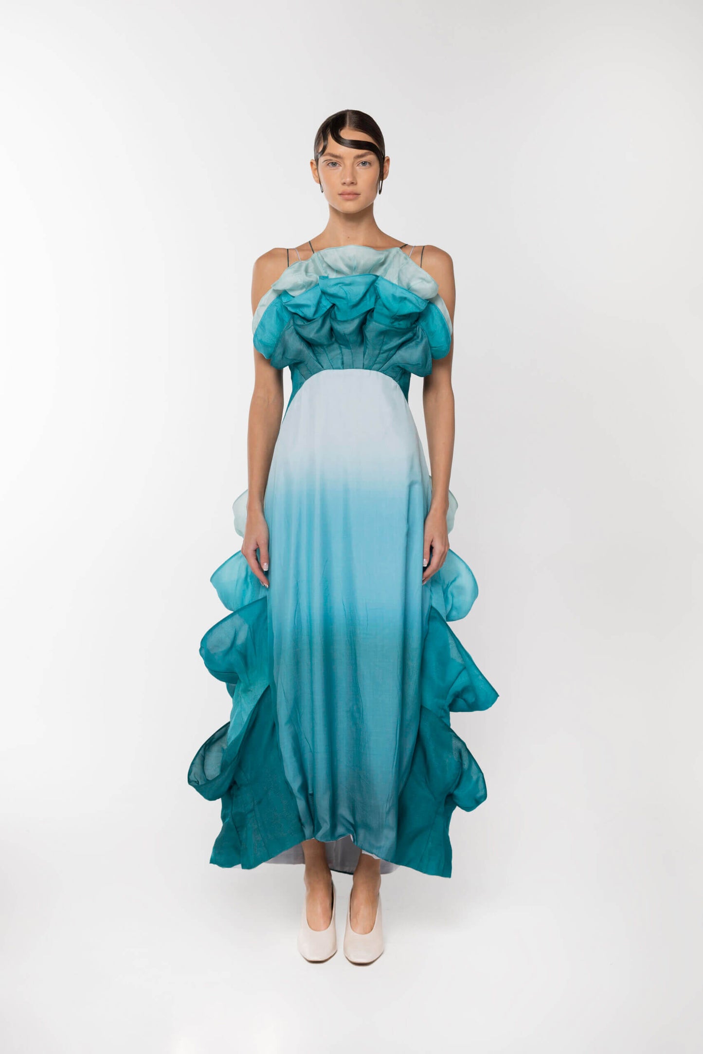 Long Rose Silk-Chiffon Dress, Blue