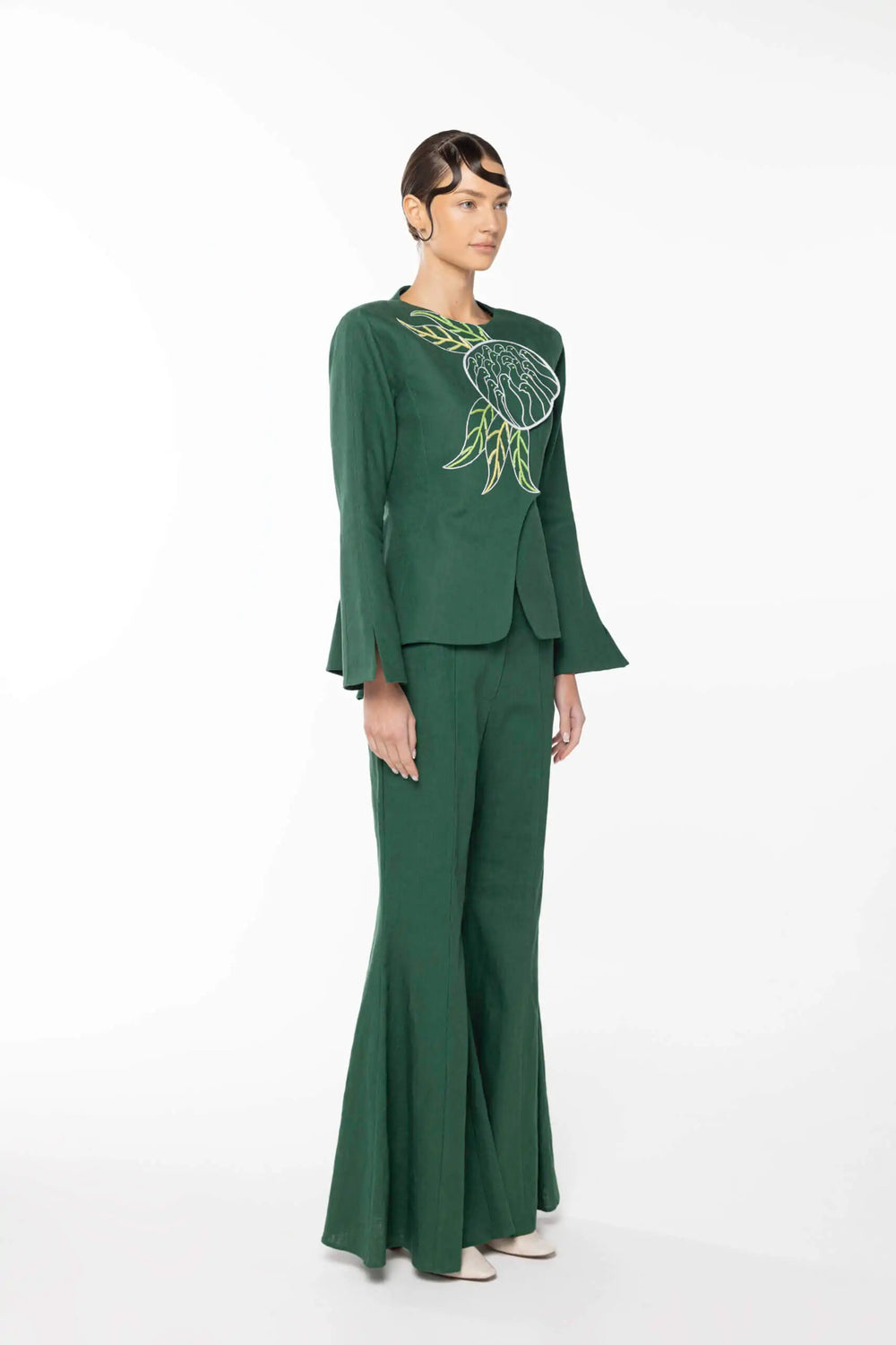 Linen Bell Bottom Trouser, Green