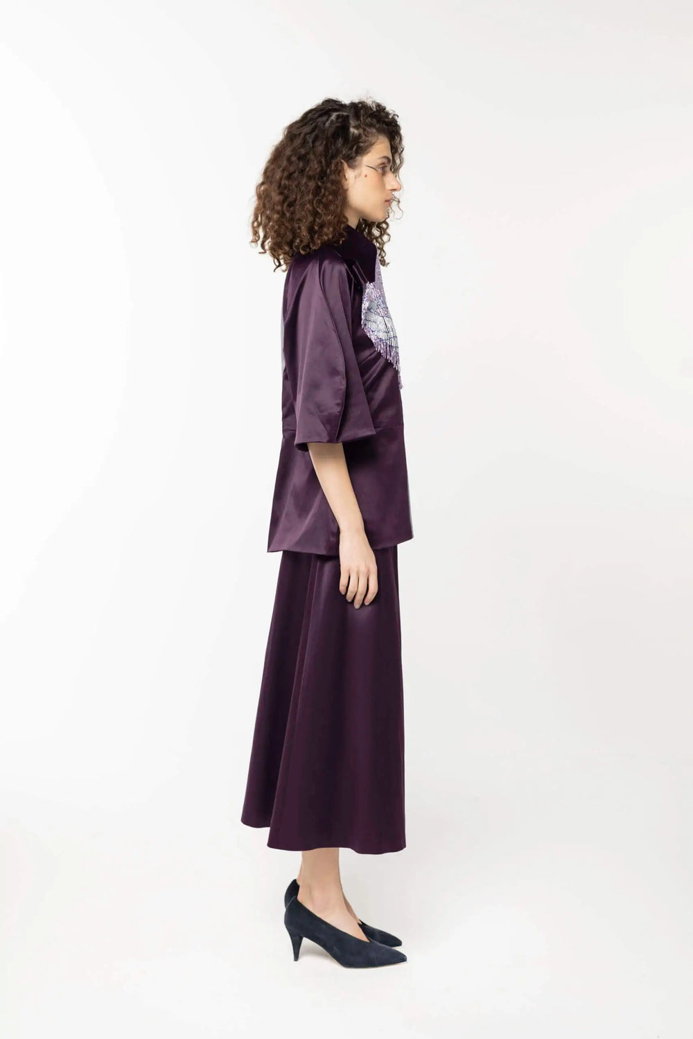 Asymmetric Contrast Cotton-Satin skirt, Light grey/Purple
