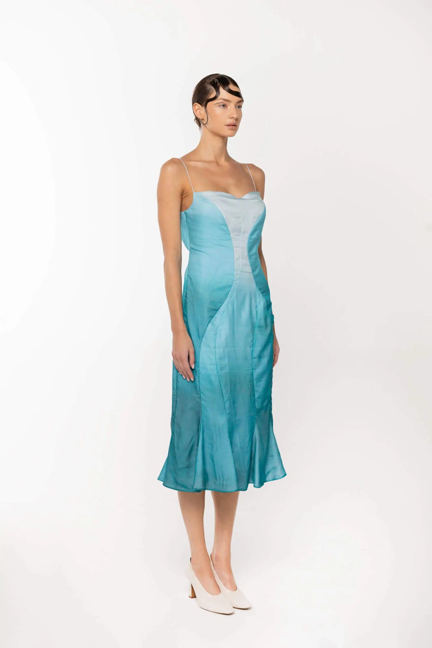 Midi Length Rose Silk-Chiffon Dress, Blue