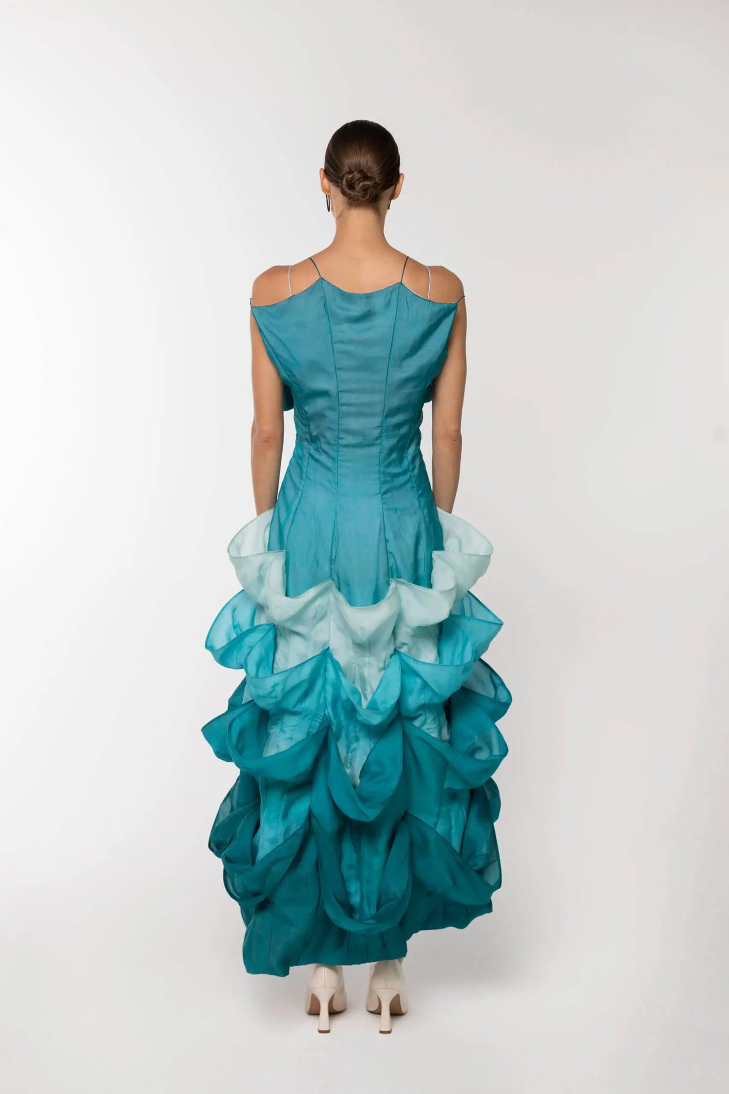 Long Rose Silk-Chiffon Dress, Blue