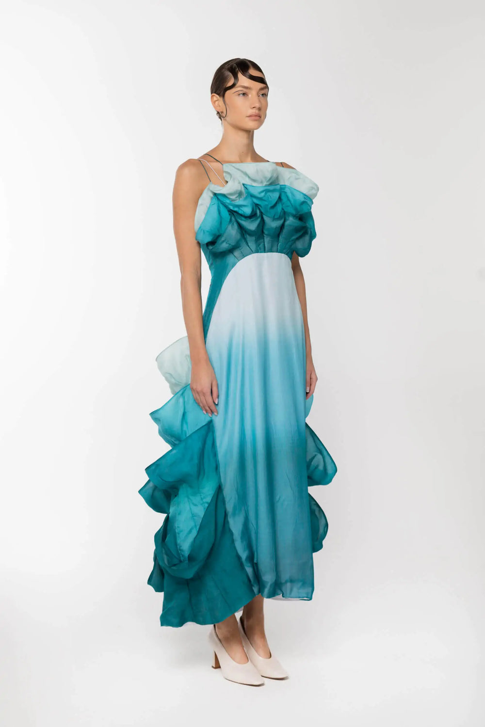 OROY Long Rose Silk-Chiffon Dress, Blue