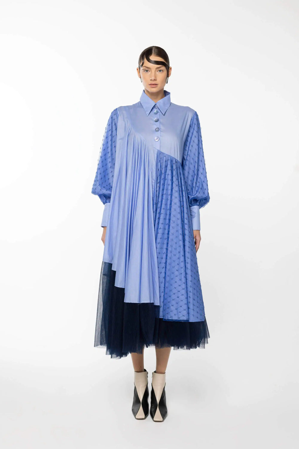 OROY Long Asymmetric Beaded Dress, Blue/Navy