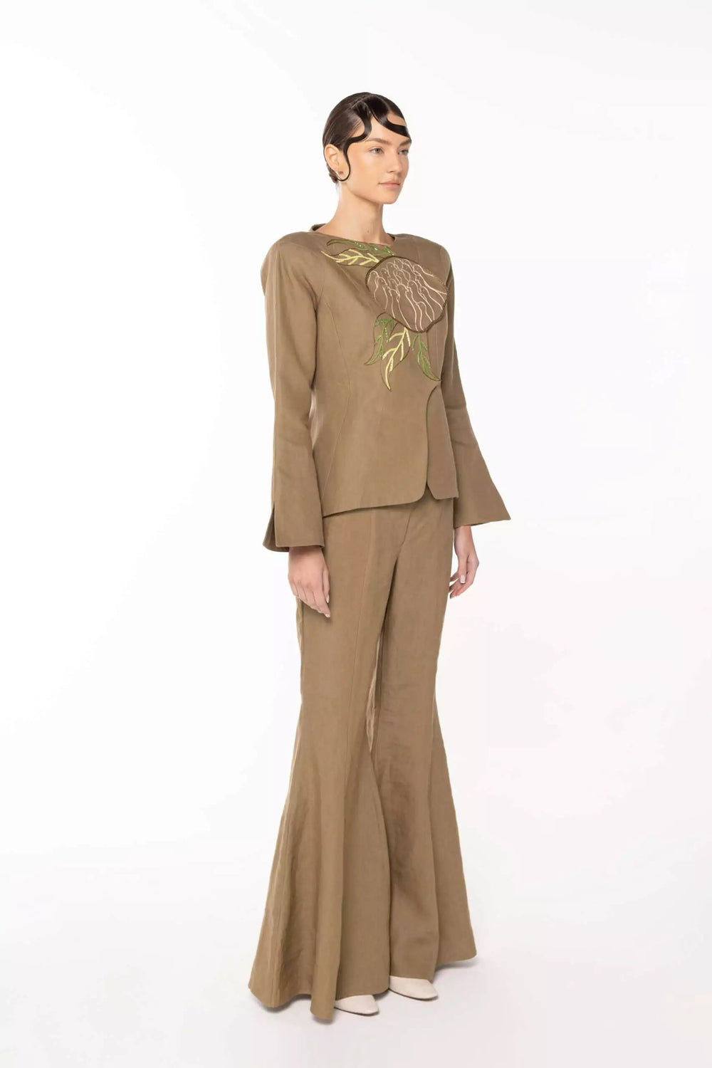 Linen Bell Bottom Trouser, Khaki