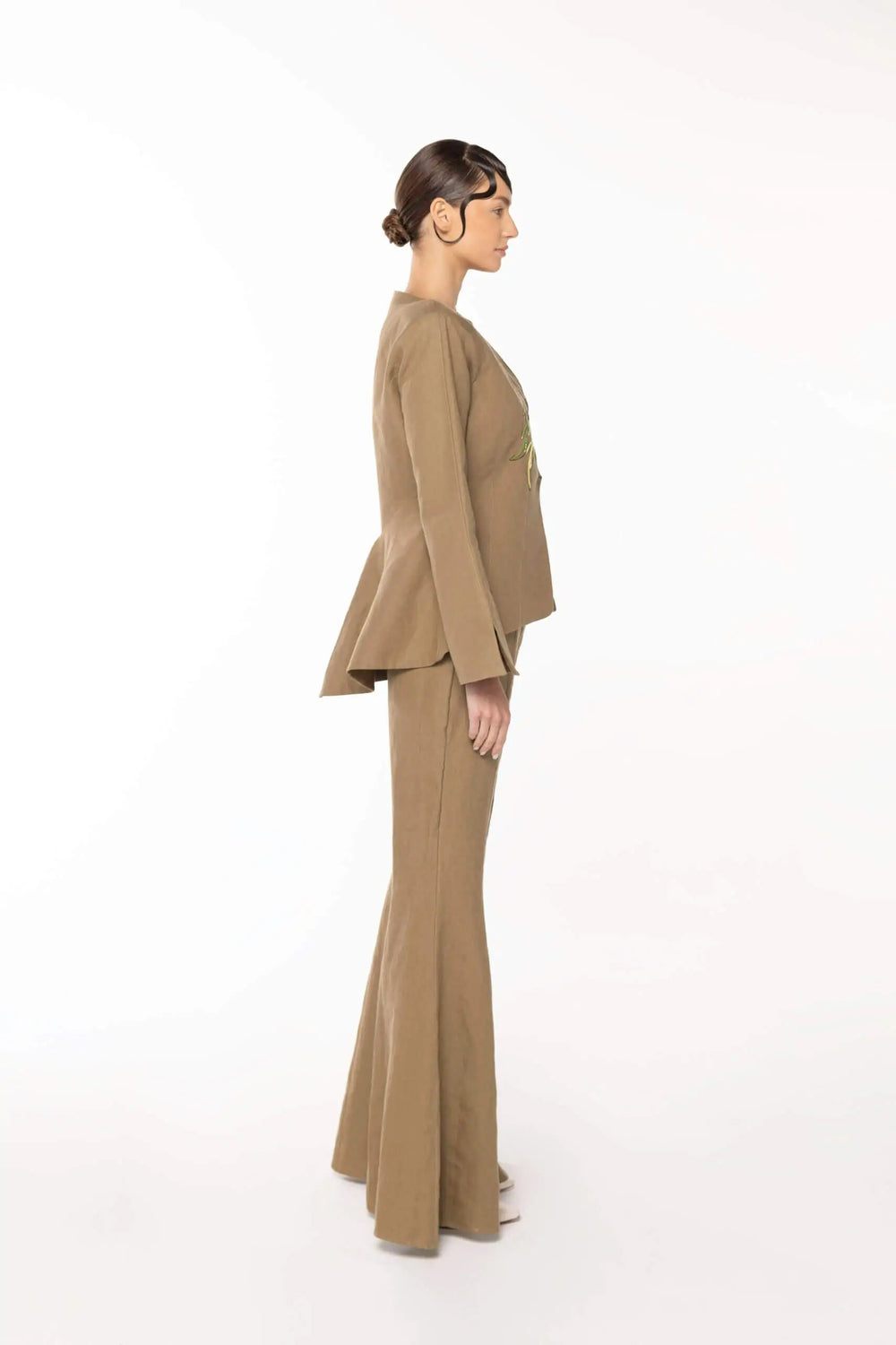 Linen Bell Bottom Trouser, Khaki